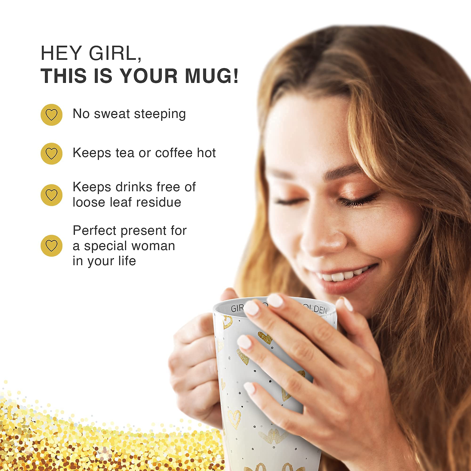 Hey Girl Tea Cup with Infuser and Lid - Double-Walled Insulation & Ceramic Outer Tea Infuser Mug - Fine-Mesh Strainer Basket - G